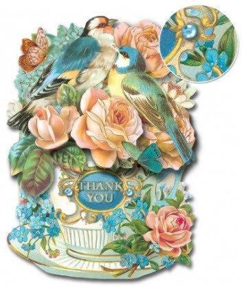 Birds in Teacups Dimensional Thank You Greeting Card-Roses And Teacups