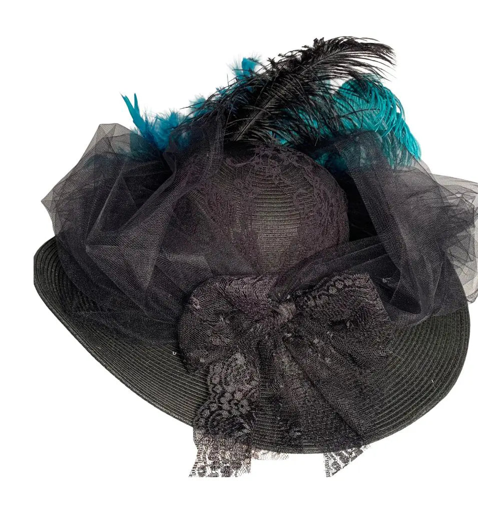 Black 5″ Large Brim Edwardian Hat W/Black Tulle And Turquoise #4498