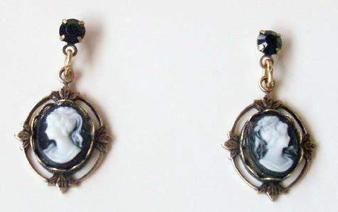 Black Cameo and Crystal Post Earrings-Roses And Teacups