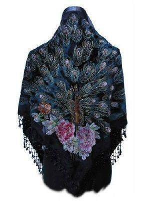 Black Handmade Hand Beaded Silk Velvet Triangle Peacock Shawl-Roses And Teacups
