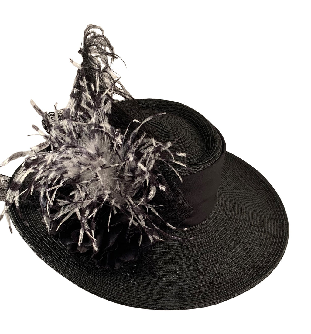 Black Large Brim Edwardian Victorian Style Hat - Black & White Ostrich-Roses And Teacups