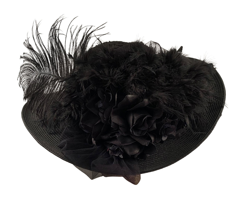 Black Large Brim Edwardian Victorian Style Hat - Black on Black-Roses And Teacups