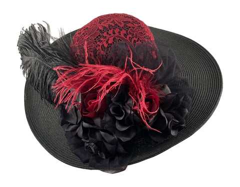 Black Large Brim Edwardian Victorian Style Hat - Burgundy-Roses And Teacups