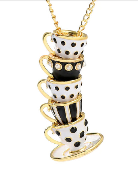 Black and White Enameled Tea Cups Necklace