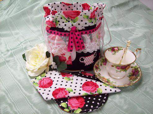 Black and White Tea Cups and Teapots Tea Cup Carrier Tote-Roses And Teacups