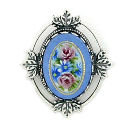 Blue Cameo Brooch in Silver Leaf Frame-Roses And Teacups