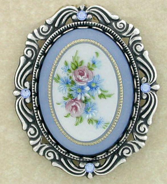 Blue Cameo Brooch in Silver Scroll Frame-Roses And Teacups
