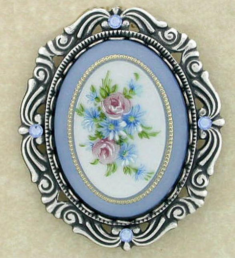 Blue Cameo Brooch in Silver Scroll Frame