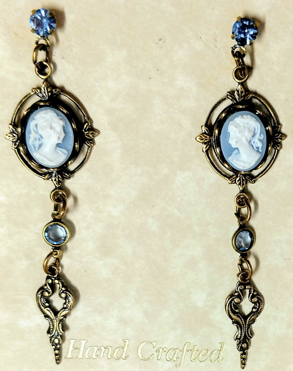 Blue Cameo and Crystal Drop Earrings - Only 3 Left-Roses And Teacups