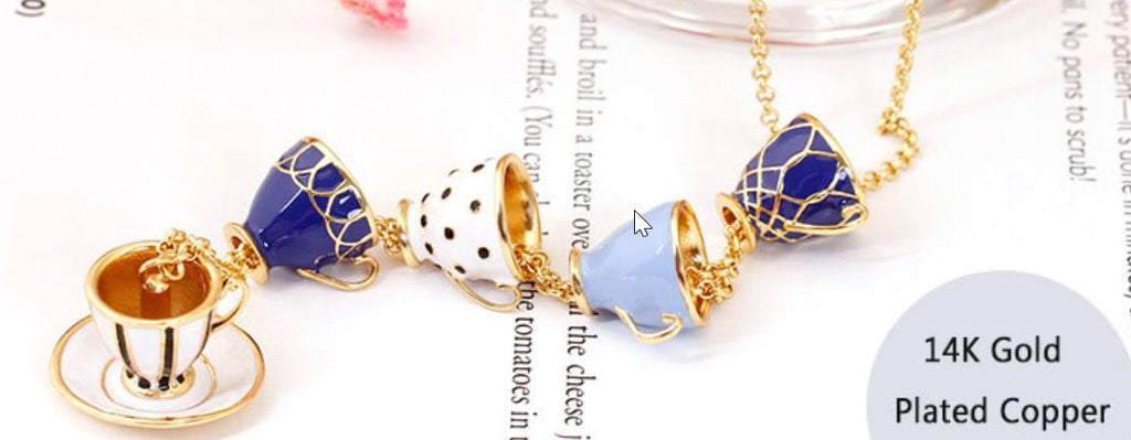 Blue Enameled Tea Cup Necklace-Roses And Teacups