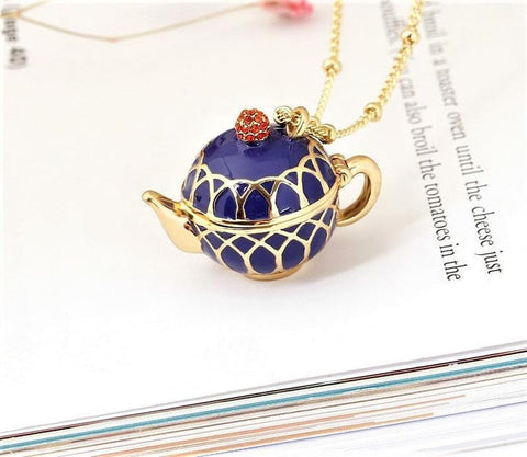 Blue Enameled Teapot Necklace-Roses And Teacups