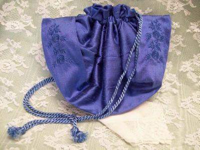 Blue Foxtrot Reticule Drawstring Purse-Roses And Teacups