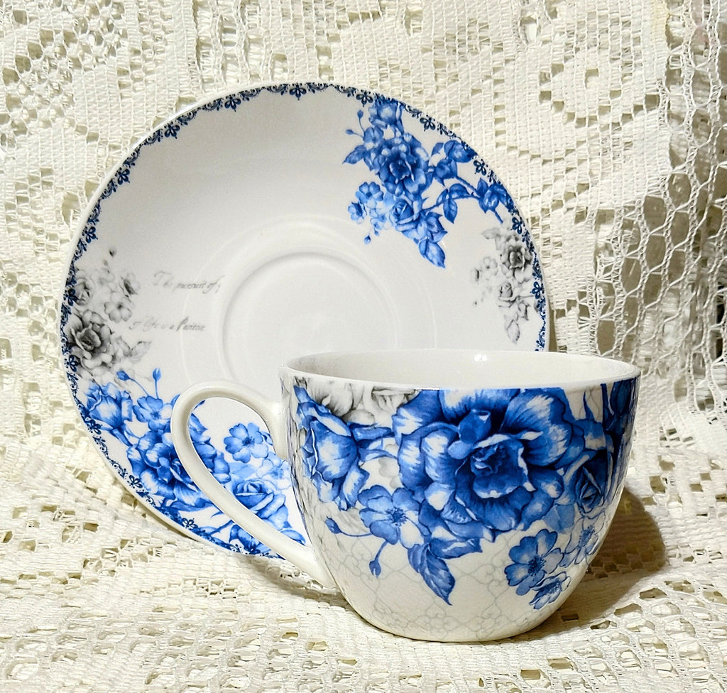 Blue and Gray England Rose Teacups and Saucers Set of 6 with 6 Tea Cups & 6 Saucers Cheap price; elegant appearance!-Roses And Teacups