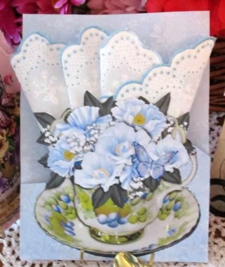 Blue Poppies Teacup and Saucer Hankie Gift Card with Tea Included-Roses And Teacups