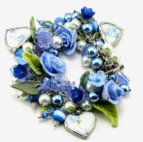 Blue Roses with Broken China Hearts and Pearls Bracelet-Roses And Teacups