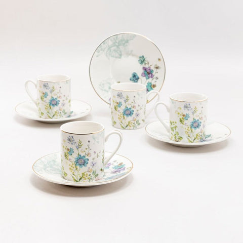 Blue Wild Floral Demi Teacups Tea Cups and Saucers for Children or Espresso Set of 4 Gift Boxed