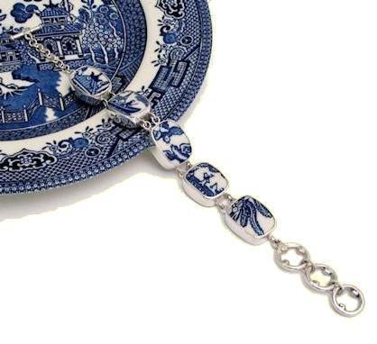 Blue Willow Lovebirds China Jewelry Sterling Bracelet Adjustable 7 to 8 1/4