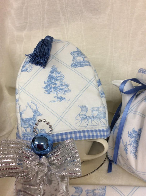 Blue and White Winter Holiday Toile Tea Cup Cozy Cover-Roses And Teacups
