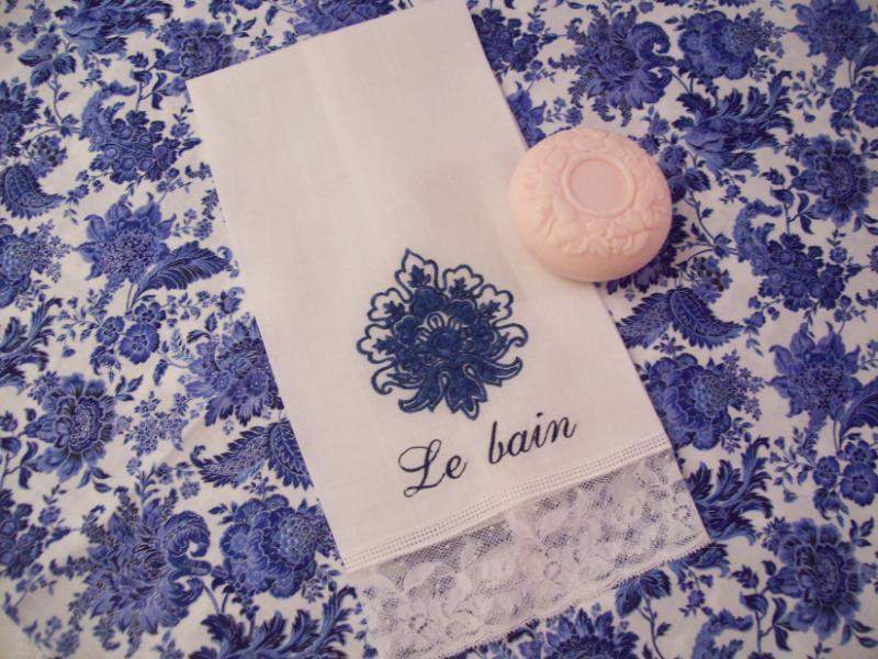 Blue on White Embroidered Guest Towel with Lace-Roses And Teacups