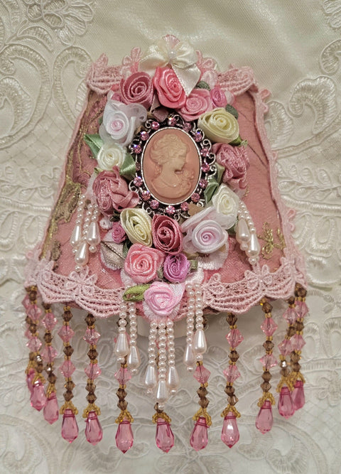 Blush Rose & Green Victorian Cameo Lace and Hand Beaded Fringe Nightlight (night light) - One of a Kind!-Roses And Teacups