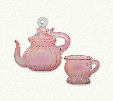 Boxed Set of Pink Teapot and Pink Tea Cup Handcrafted Egyptian Glass Ornaments