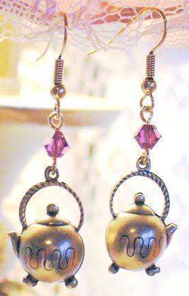 Brass Footed Tea Pot Earrings-Roses And Teacups