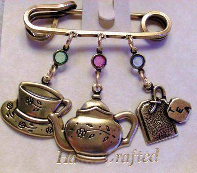 Brass Tea Charm Pin-Roses And Teacups