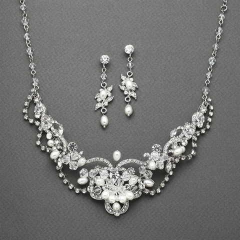Bridal Romance Pearl & Crystal Wedding Necklace & Earrings Set 4061S-Roses And Teacups