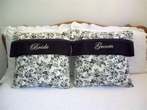 Bride Groom Custom Embroidered Pillow Cases Set of 2-Roses And Teacups