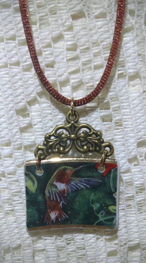 Brown Chested Hummingbird Broken China Porcelain Pendant with Cord - One of a Kind!