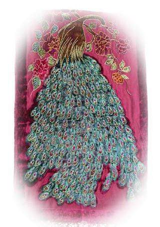 Burgundy Handmade Hand Beaded Silk Velvet Oblong Peacock Shawl-Roses And Teacups