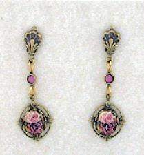 Cameo Antique Rose Porcelain Drop Earrings in Leaf Frame