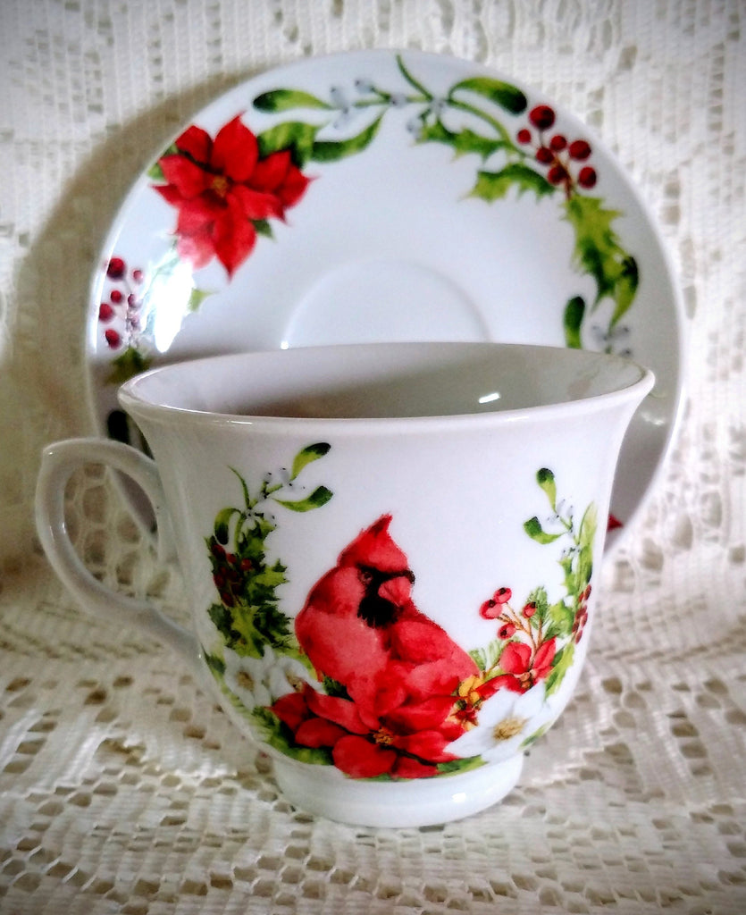 Holiday Christmas Cardinal and Holly Berry Porcelain Teacups and Saucers Set of 6 Tea Cups and 6 Saucers Cheap Price Elegant Look!-Roses And Teacups