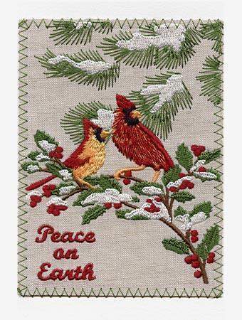 Cardinals Embroidered Linen Greeting Card-Roses And Teacups