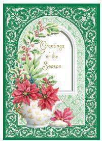 Carol Wilson Poinsettia Teapot 5 x 7 Greeting of the Season Holiday Card with Envelope-Roses And Teacups