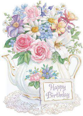 Carol Wilson Stationery Flowers in Teapot Birthday Greeting Card-Roses And Teacups