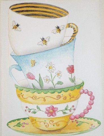 Carol Wilson Stationery Stacked Tea Cups Birthday Greeting Card-Roses And Teacups