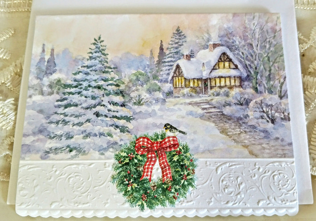 Carol Wilson Winter Scene Holiday Christmas Note Cards In Portfolio-Roses And Teacups