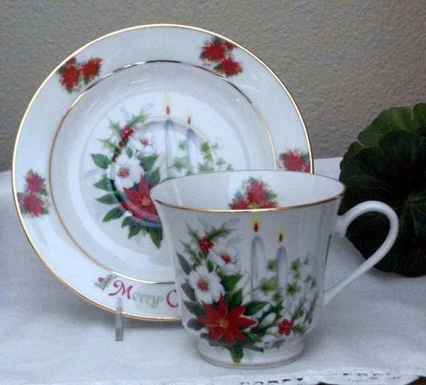 Catherine Porcelain Tea Cup and Saucer Set of 2 - Christmas Candles-Roses And Teacups