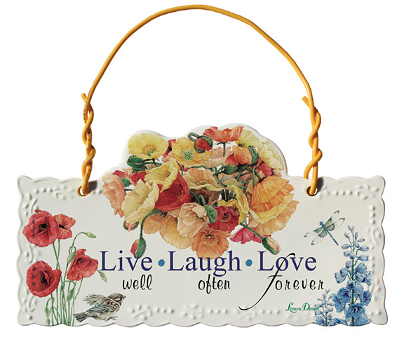 Love Laugh Love Ceramic Wall Hanging Sign - Roses And Teacups 