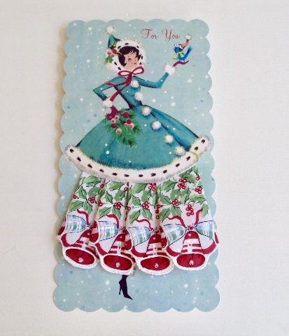 Charming Christmas Holiday Susie in Bells Hankie Gift Card - Roses And Teacups 