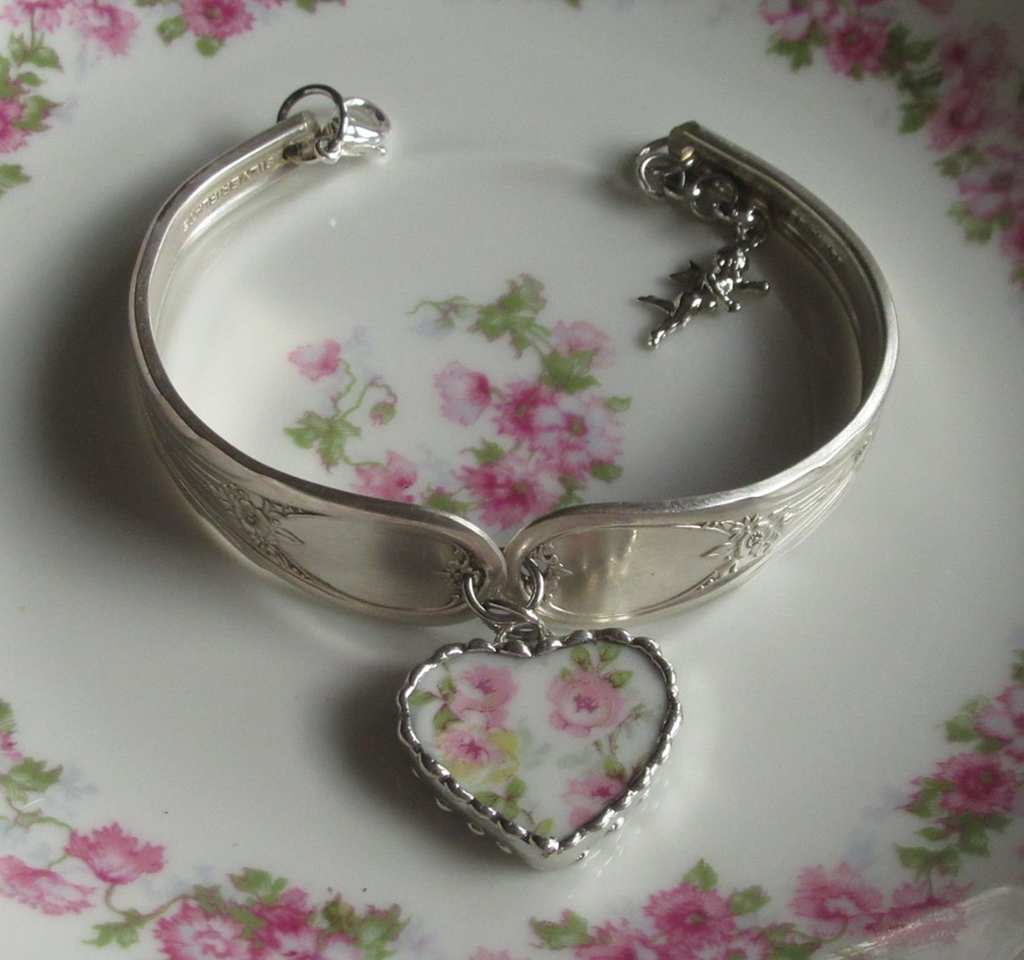 Cherished Cherub Broken China Spoon Bracelet - One of a Kind!-Roses And Teacups