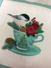 Chickadee Teacup Embroidered Christmas Pillow-Roses And Teacups