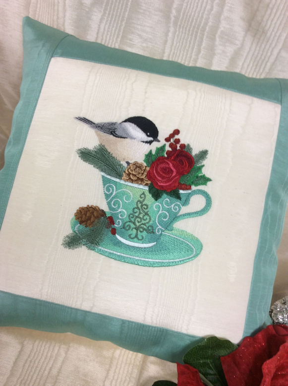 Chickadee Teacup Embroidered Christmas Pillow-Roses And Teacups