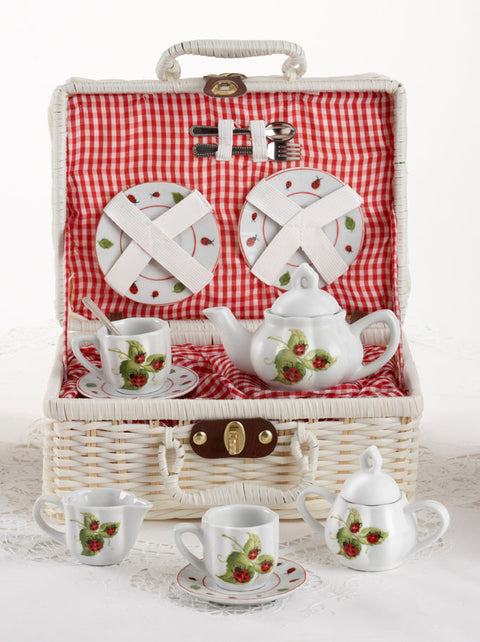 Children Porcelain Tea Set in Rounded Wicker Style Basket - Ladybug - FREE TEA INCLUDED!-Roses And Teacups