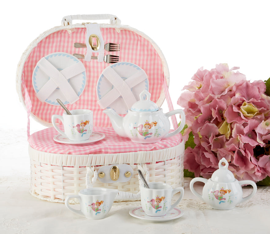 Children Porcelain Tea Set in Rounded Wicker Style Basket - Mermaid - FREE TEA INCLUDED!-Roses And Teacups