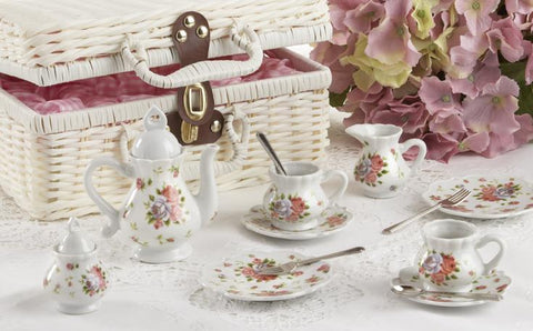 Childrens Porcelain Girls Tea Set - Dainty Sue in Wicker Style - FREE TEA INCLUDED!-Roses And Teacups