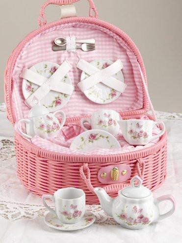 Childrens Porcelain Tea Set in Rounded Wicker Style Basket - Pink Blush - FREE TEA INCLUDED!-Roses And Teacups