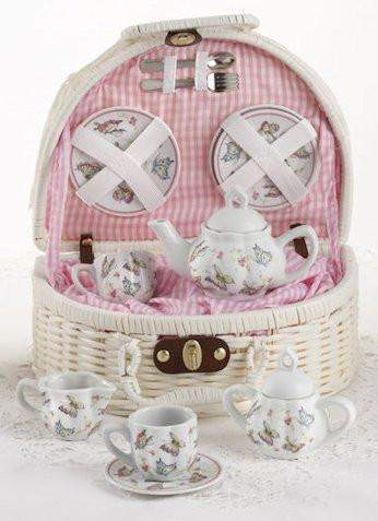 Childrens Porcelain Tea Set in Rounded Wicker Style Basket - Pink Butterfly - FREE TEA INCLUDED!-Roses And Teacups