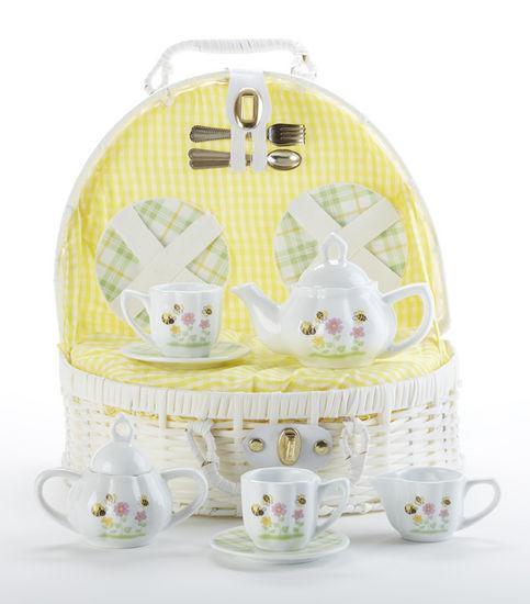 Children's Porcelain Tea Set in Wicker Style Basket - Bee Buzz - FREE TEA INCLUDED!-Roses And Teacups